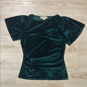 Michael Kors Dark Green Velvet Blouse with Gold Accents